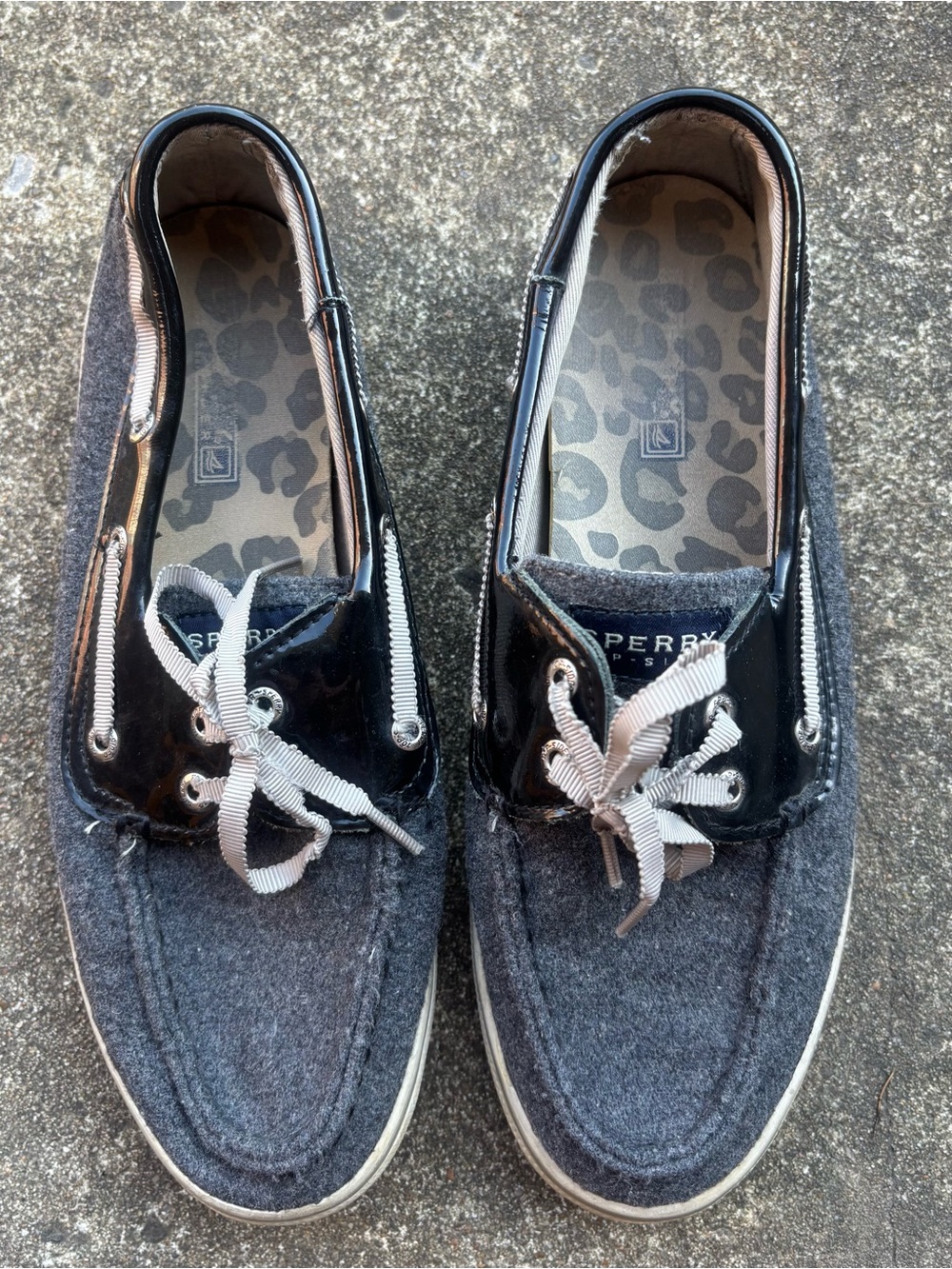 Sperry Men’s Gray Fabric Boat Shoes with Black Patent Trim
